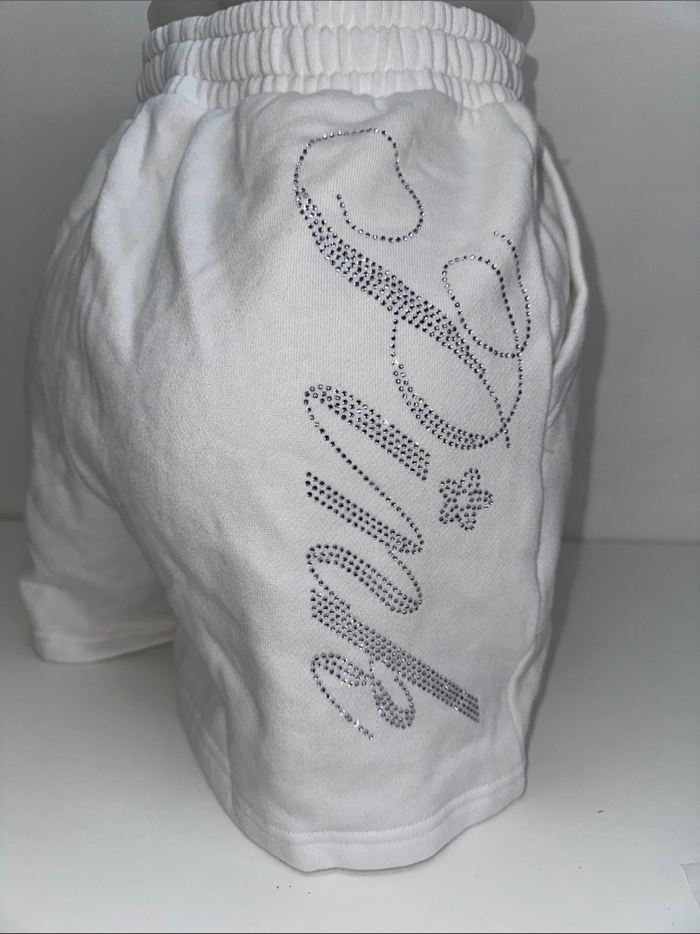 PINK Victoria's Secret White Rhinestone Script Lounge Shorts Sz small NWT